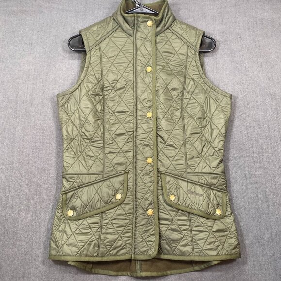 Barbour Olive Green Quilted Vest With Gold Snap Buttons & Pockets Womens Size 6 - Picture 1 of 11
